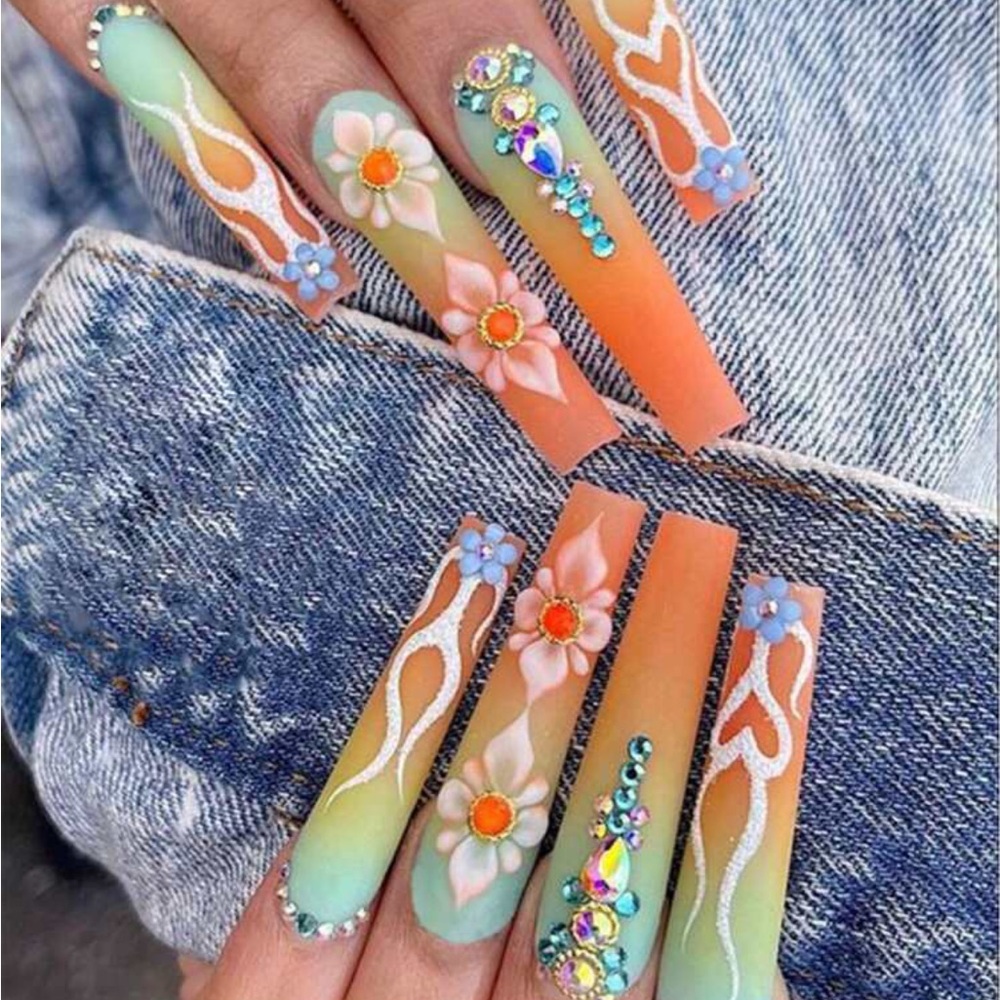 24pcs Style Camellia Rhinestone Nail Stickers With 1 Jelly Glue & 1 Nail File